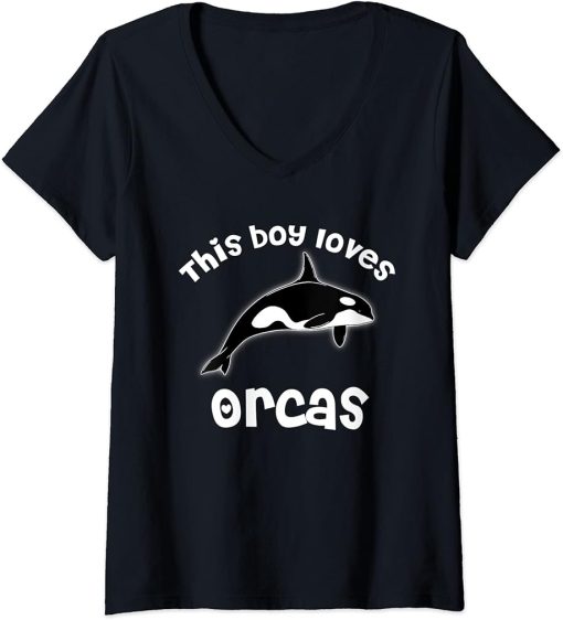 Womens This Boy Loves Orcas Lover T-Shirt Funny Killer Whale V-Neck T-Shirt